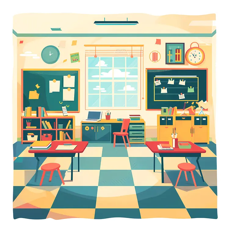Colorful Classroom with Desks and Chairs