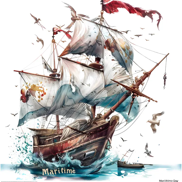 Artistic Sailing Ship with Seagulls