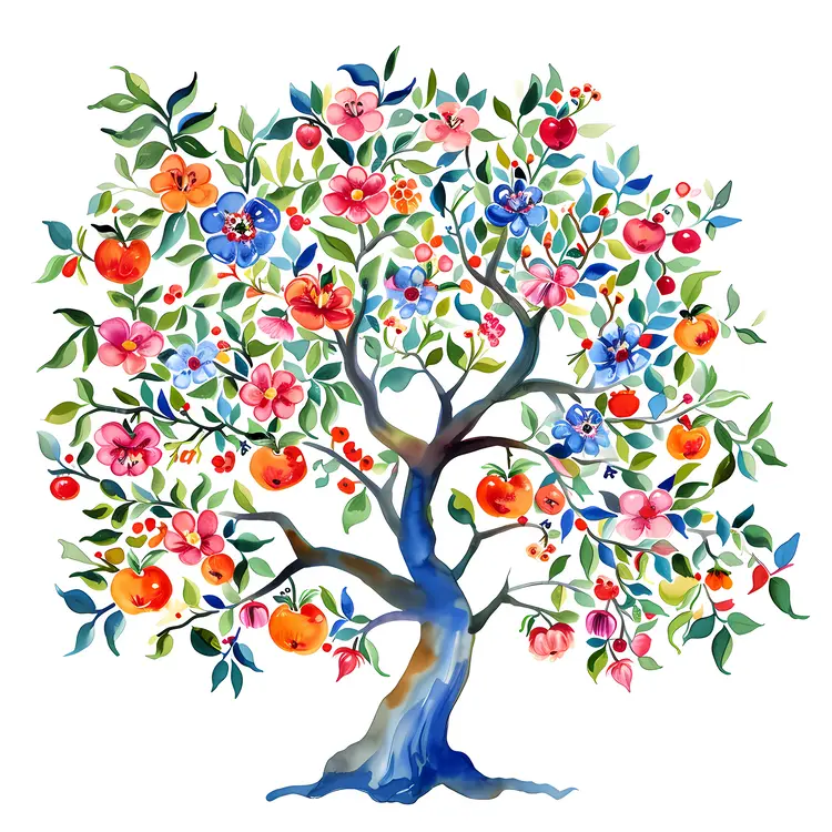 Colorful Tree with Flowers and Fruits