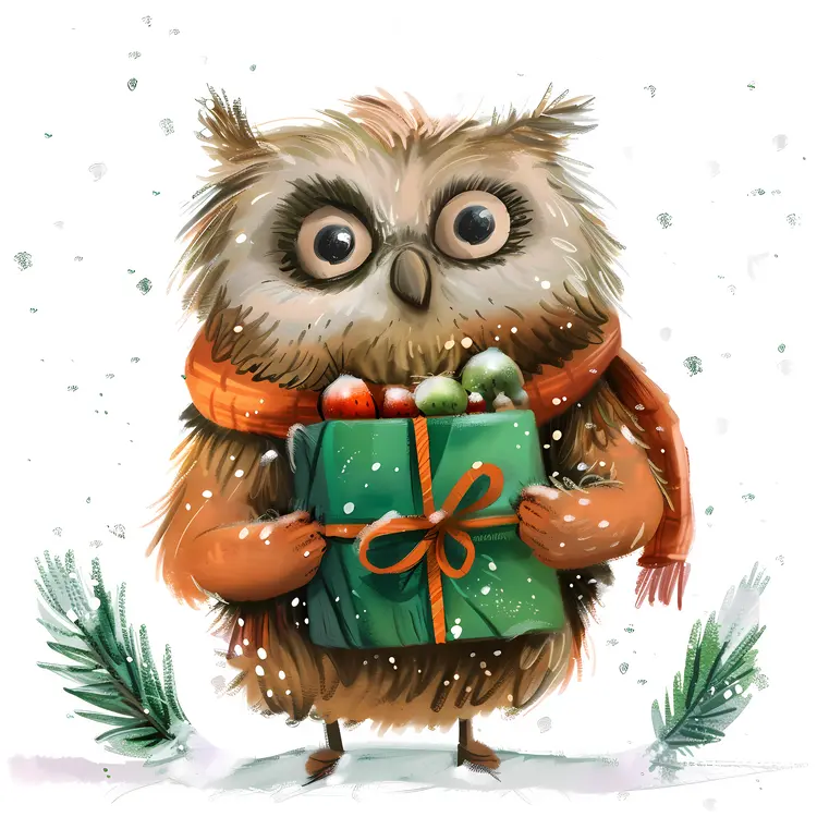 Owl with Gift in Snowy Winter