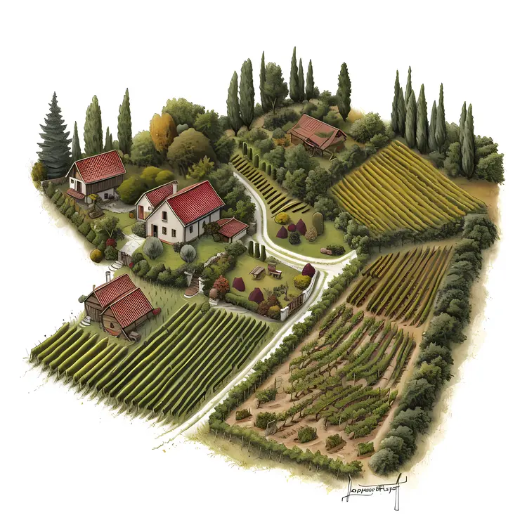 Beautiful Vineyard Landscape with Farmhouse