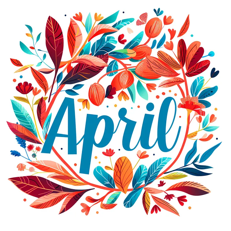 April Text with Colorful Leaves and Flowers