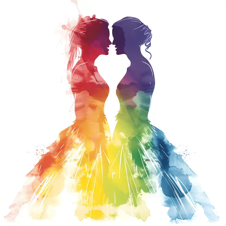 Two women in rainbow dresses