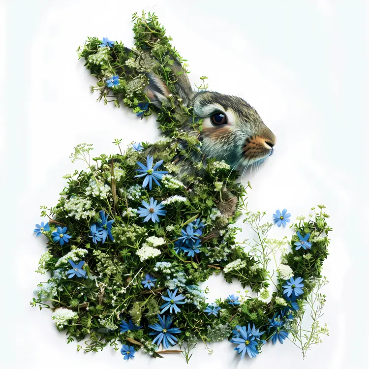 Blue Flower Rabbit Plant Art
