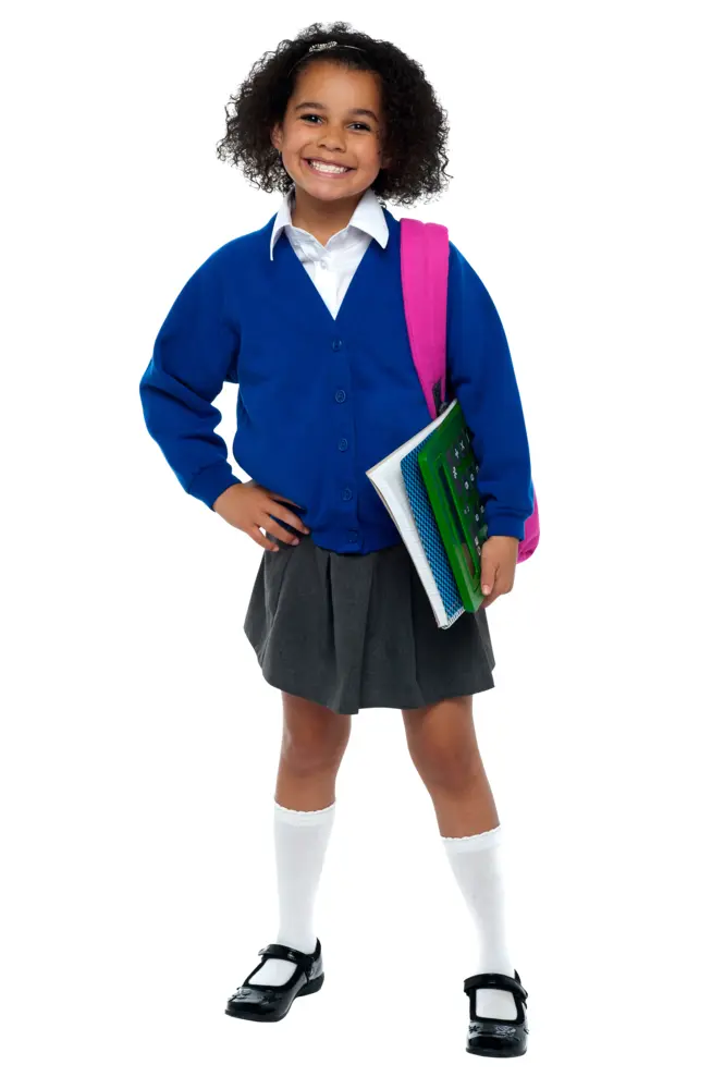 Smiling Schoolgirl in Uniform with Notebook