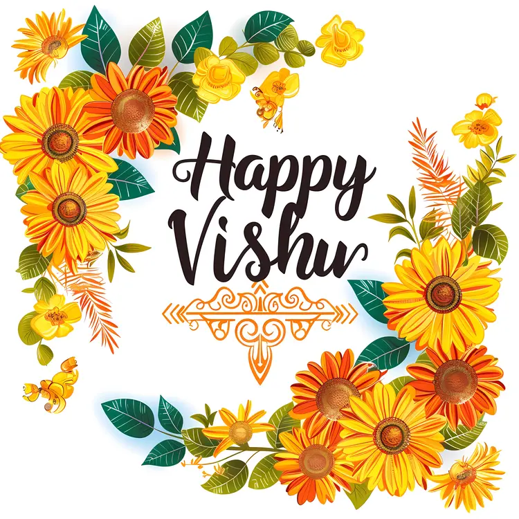 Happy Vishu with Yellow Flowers and Leaves