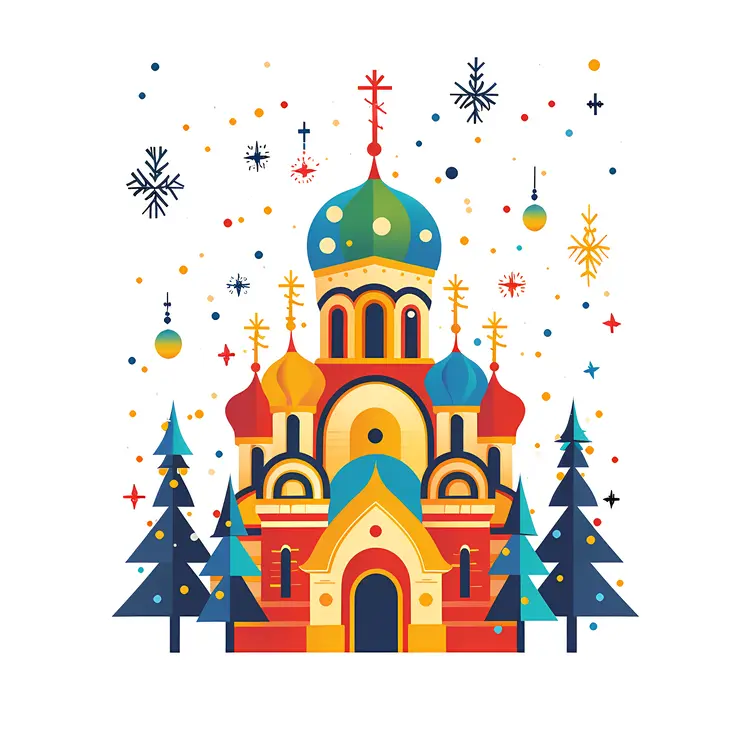 Colorful Church with Domes and Trees