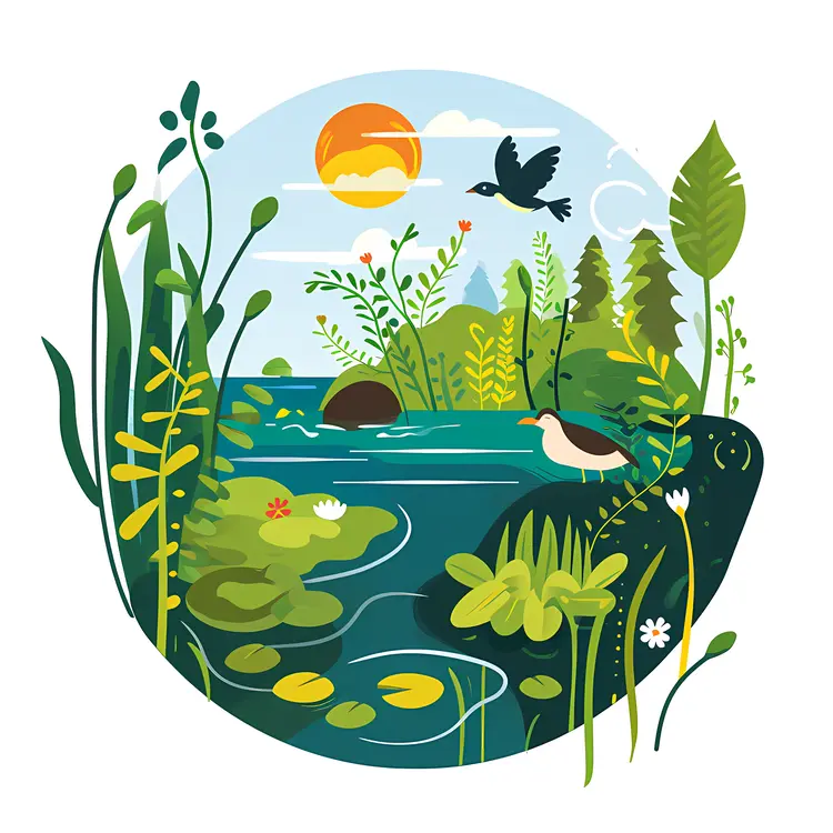 Birds and Plants by a Peaceful Lake
