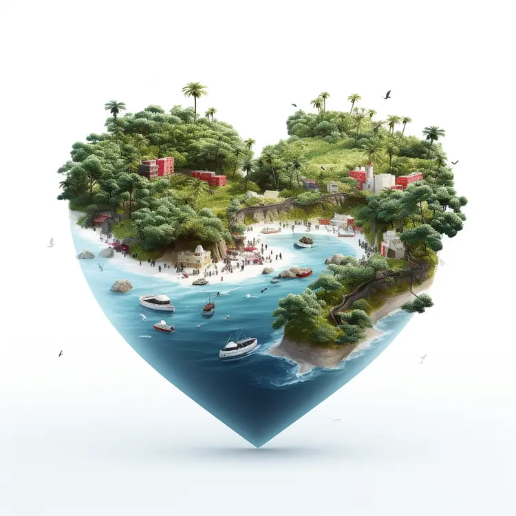 Heart-shaped Island with Boats and Beach