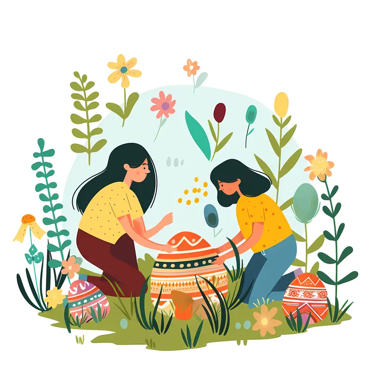 Girls Decorating Easter Eggs in Nature