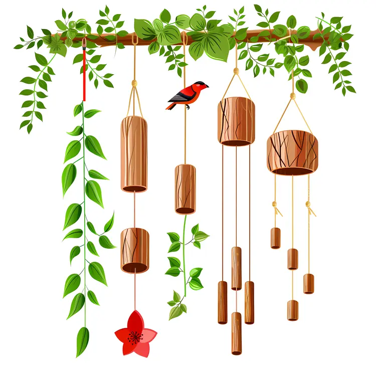 Wooden Wind Chimes with Bird and Leaves