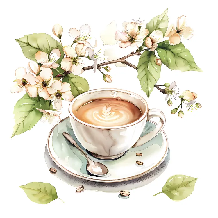 White Cup with Blooming Blossoms
