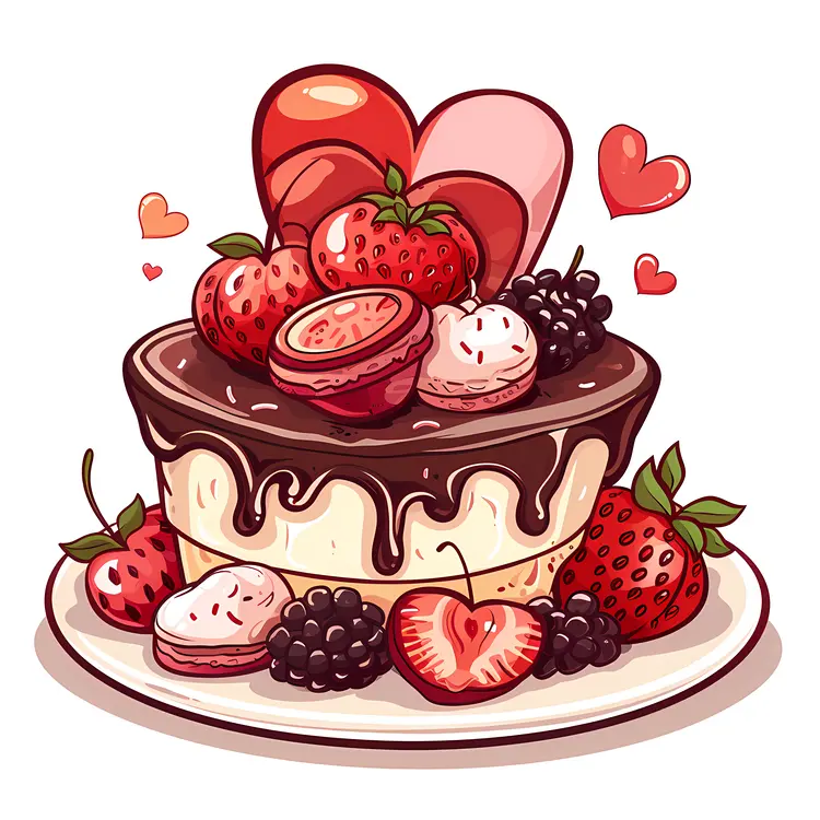 Heart-shaped Cake with Berries and Hearts