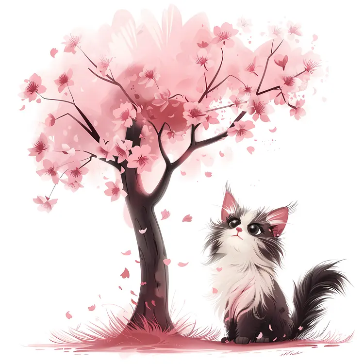 Fluffy Kitten with Cherry Blossom Tree
