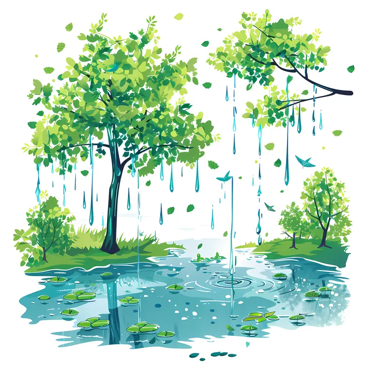 Rainy Forest Scene with Trees and Pond