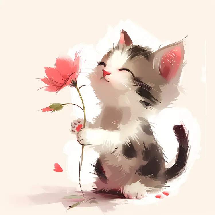 Cute Kitten Holding a Flower