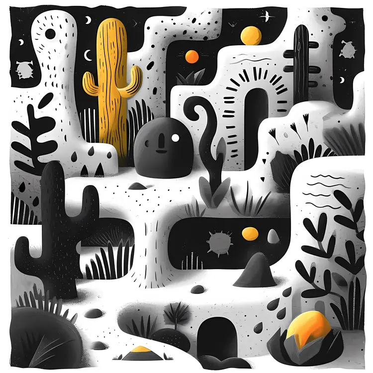 Black and White Desert Cactus Illustration