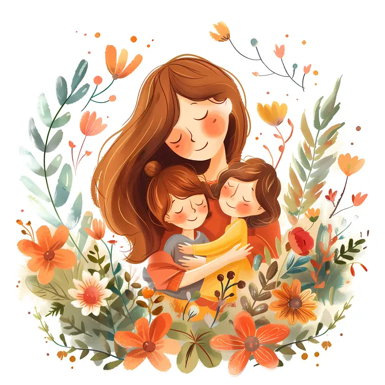 Mother Hugging Children with Flowers and Nature