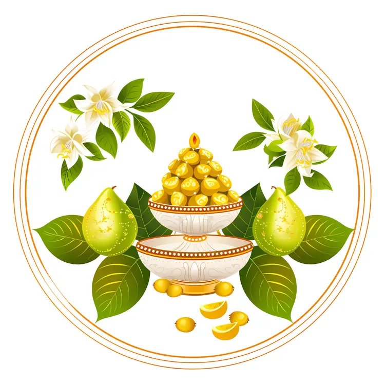 Golden Fruits with Leaves and Flowers