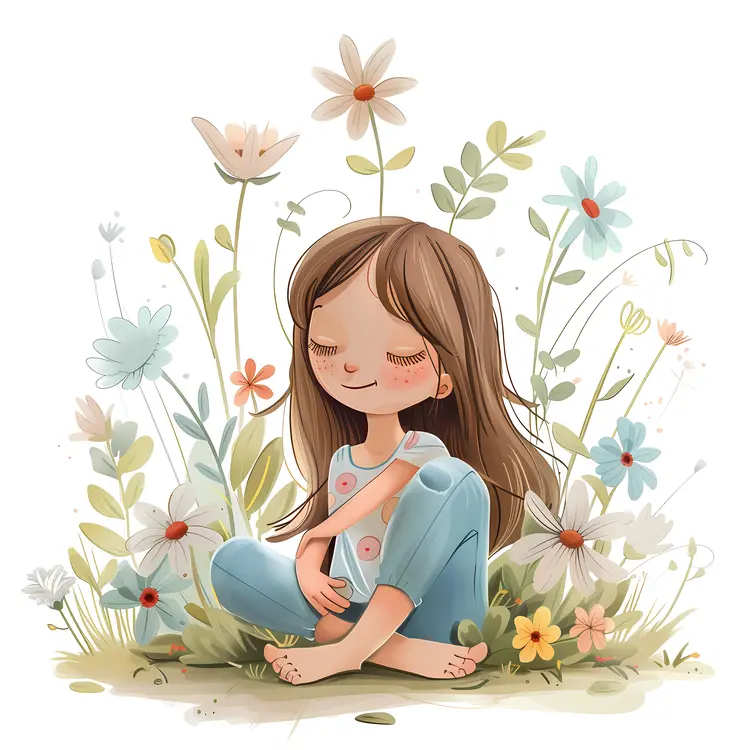 Girl Sitting with Flowers Illustration