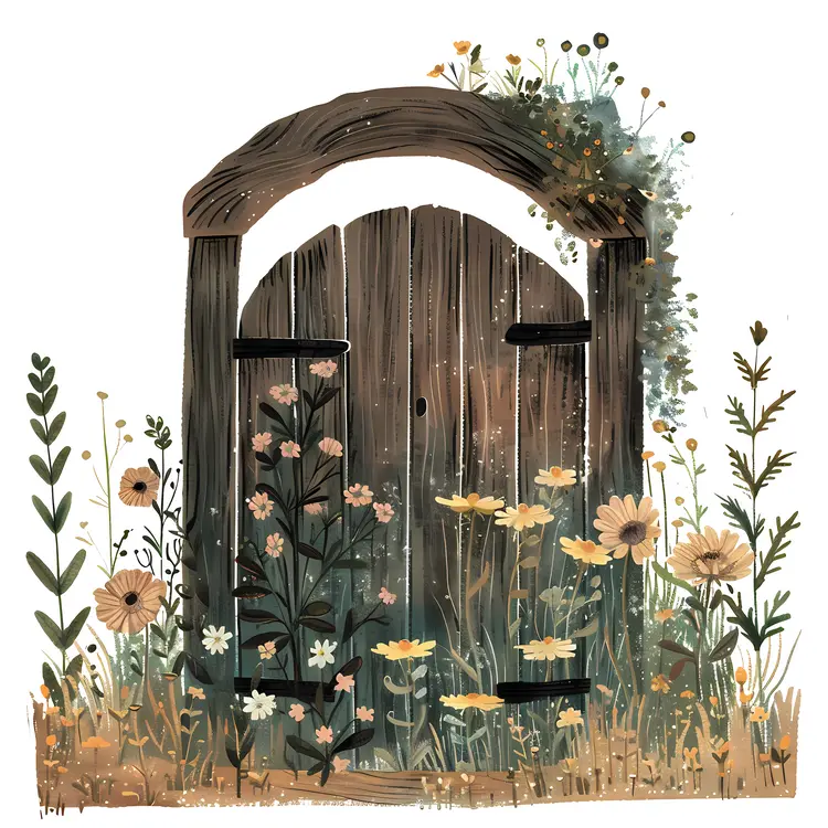 Old Wooden Gate with Wildflowers