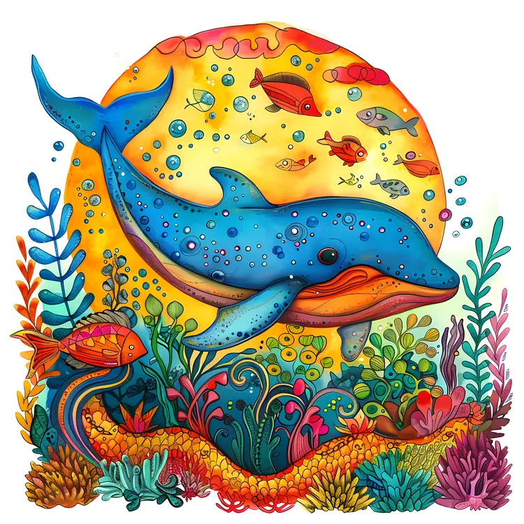 Blue Whale and Colorful Marine Life
