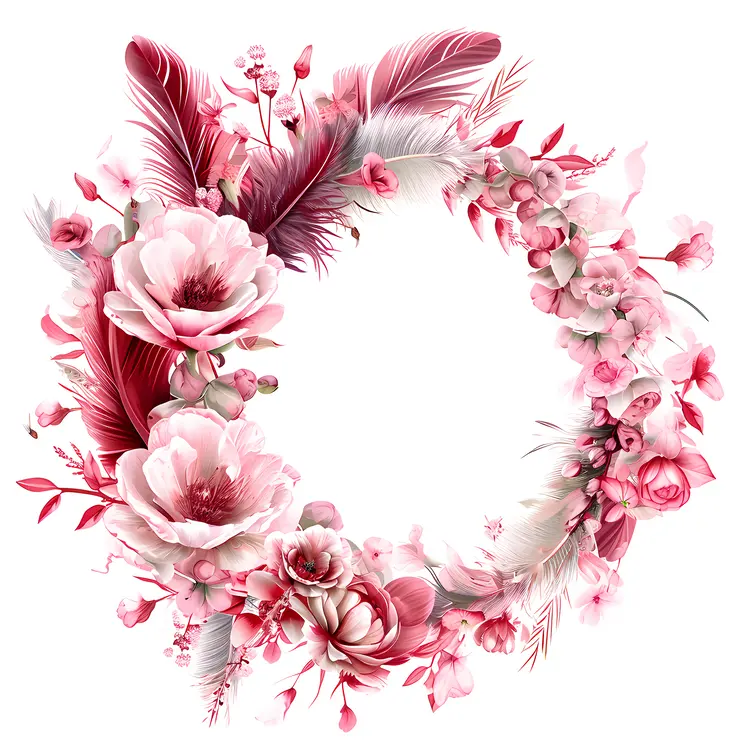 Pink and Red Floral Wreath with Feathers