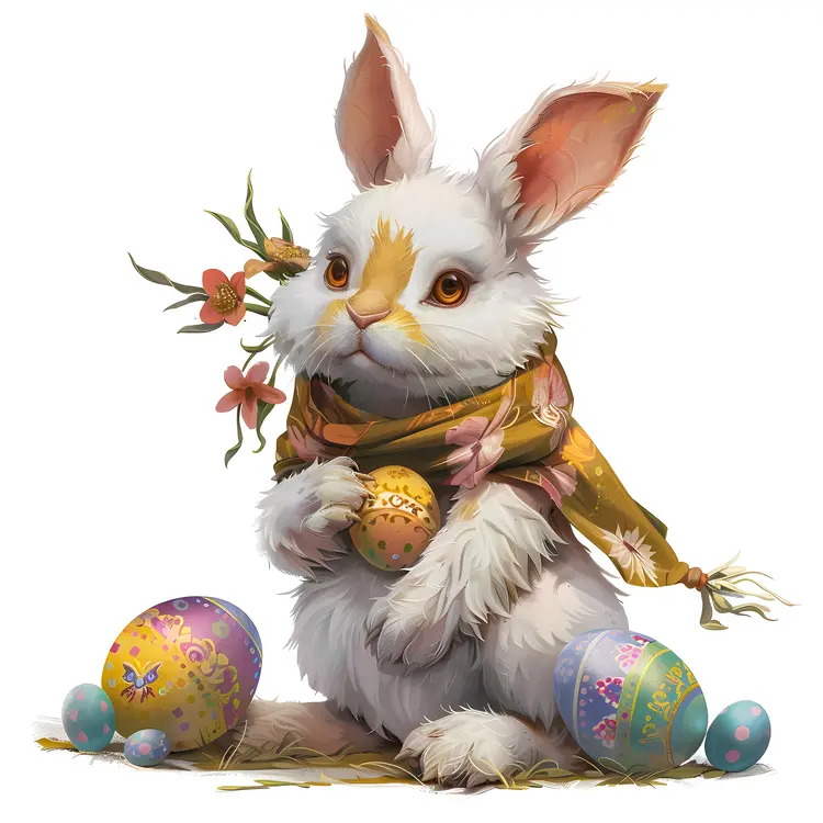 Cute Bunny with Scarf and Easter Eggs