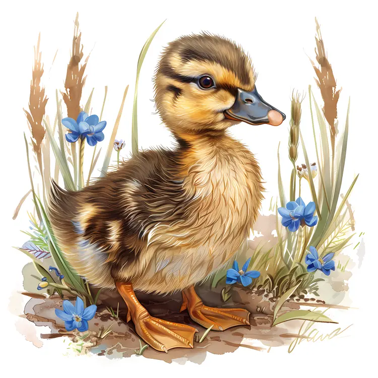 Realistic Duckling with Blue Flowers