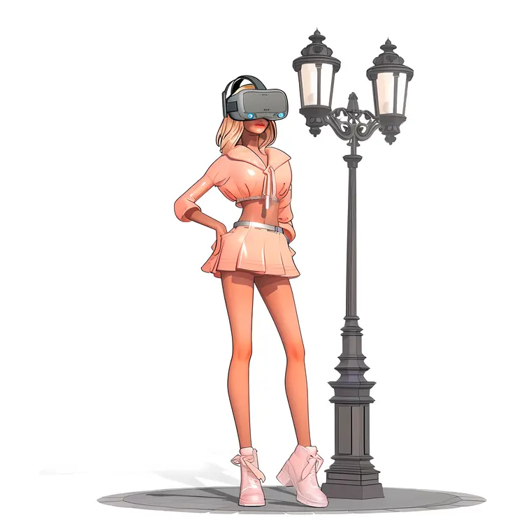 Woman with VR Headset by Street Lamp