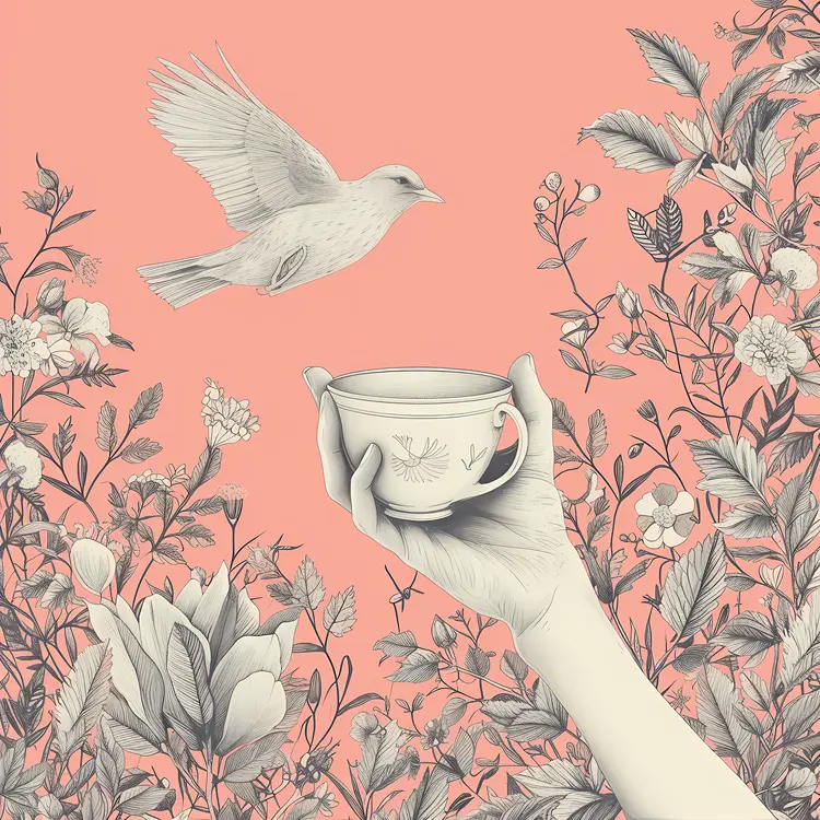 Hand Holding Cup with Bird and Flowers Illustration