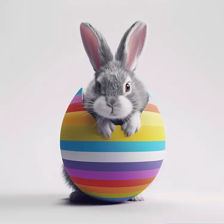 Gray Bunny Peeking from Colorful Easter Egg