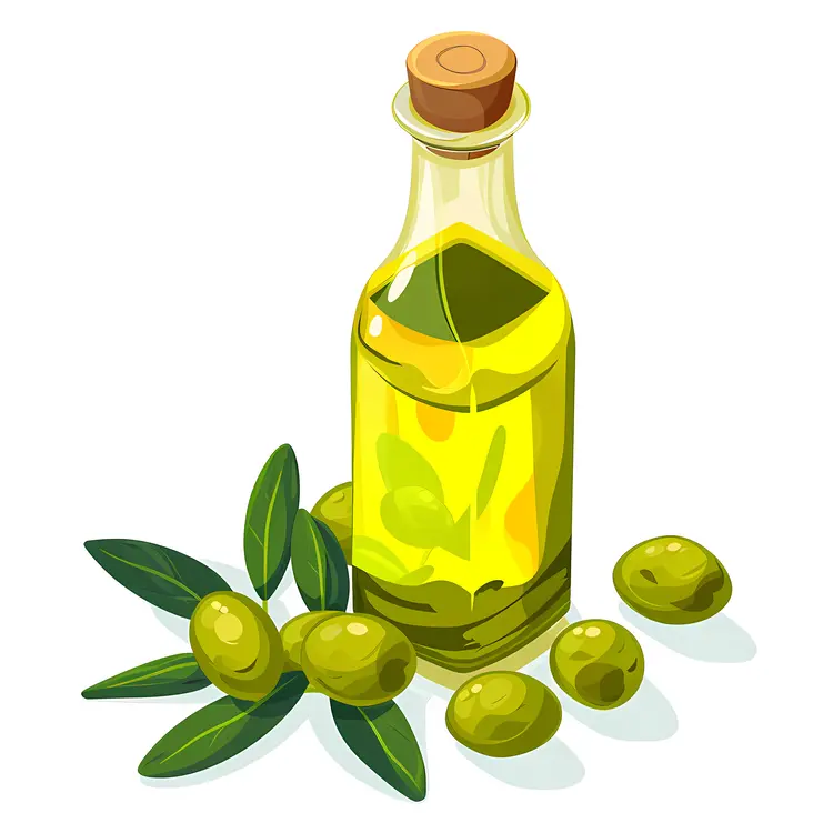 Olive Oil Bottle with Green Olives and Leaves