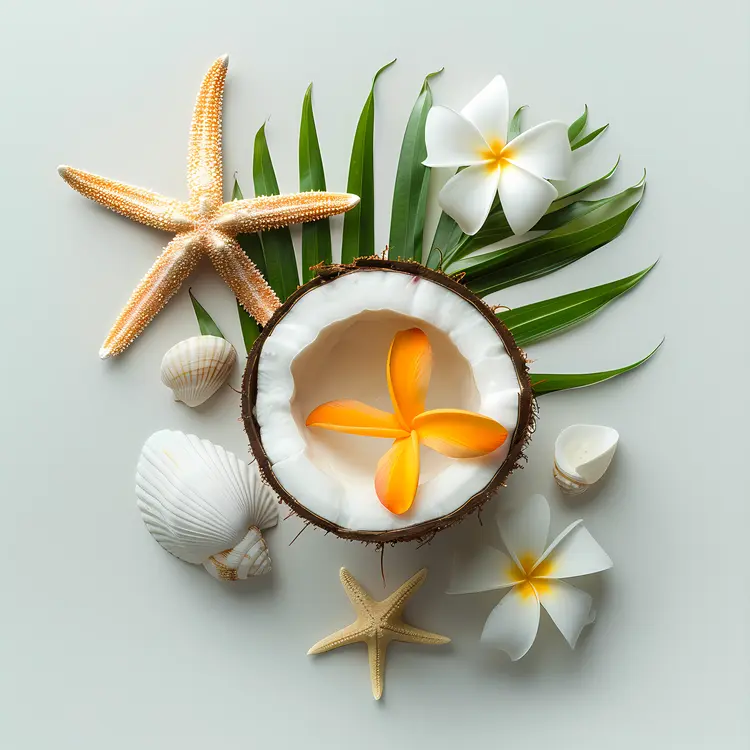 Coconut and Starfish with Palm Leaves