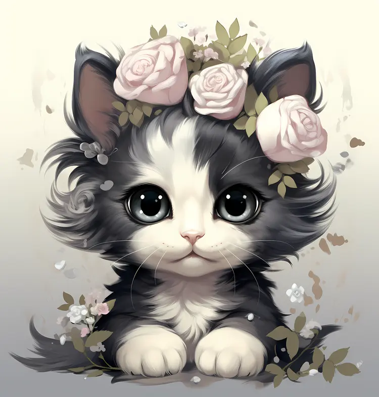 Black and White Kitten with Roses