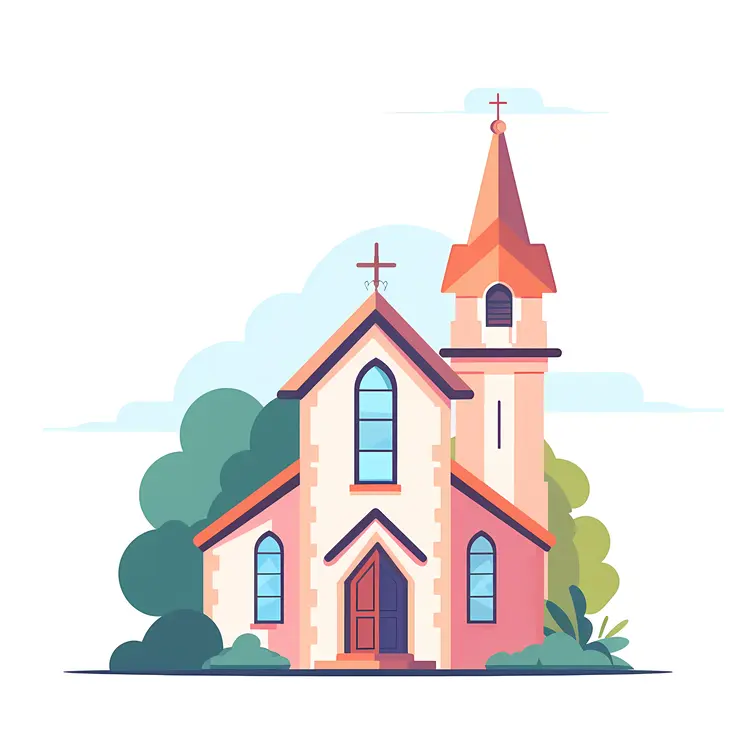 Small Cute Doodle Church with Cross and Tower