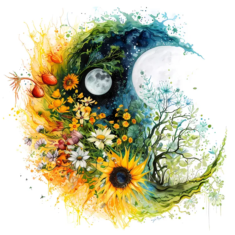Abstract Art with Sun, Moon, and Flowers