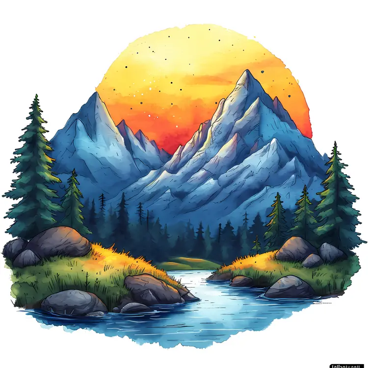 Mountain and River in Sunset