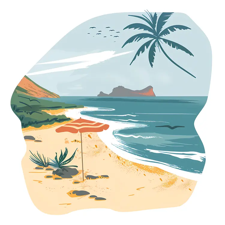 Serene Beach with Palm Trees and Umbrella