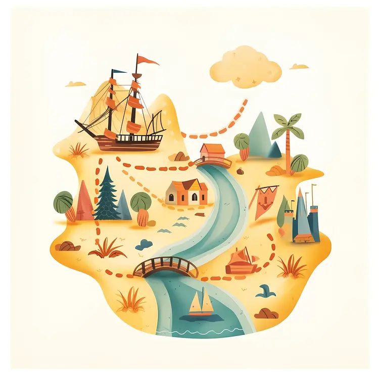 Cute Treasure Map with Island and Ship
