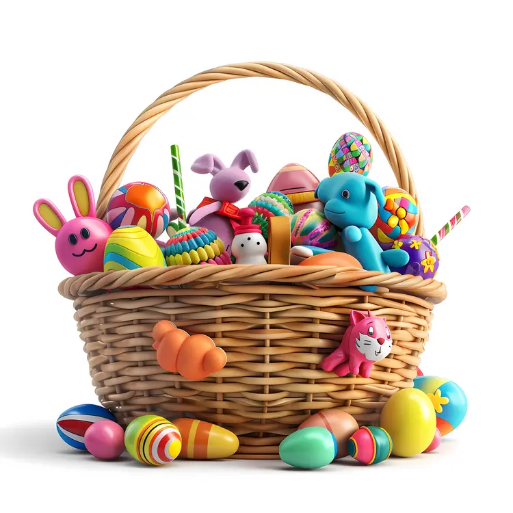 Easter Eggs and Plush Toys in a Basket