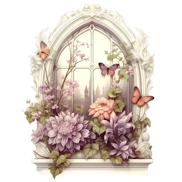Graceful Window with Flowers and Butterflies