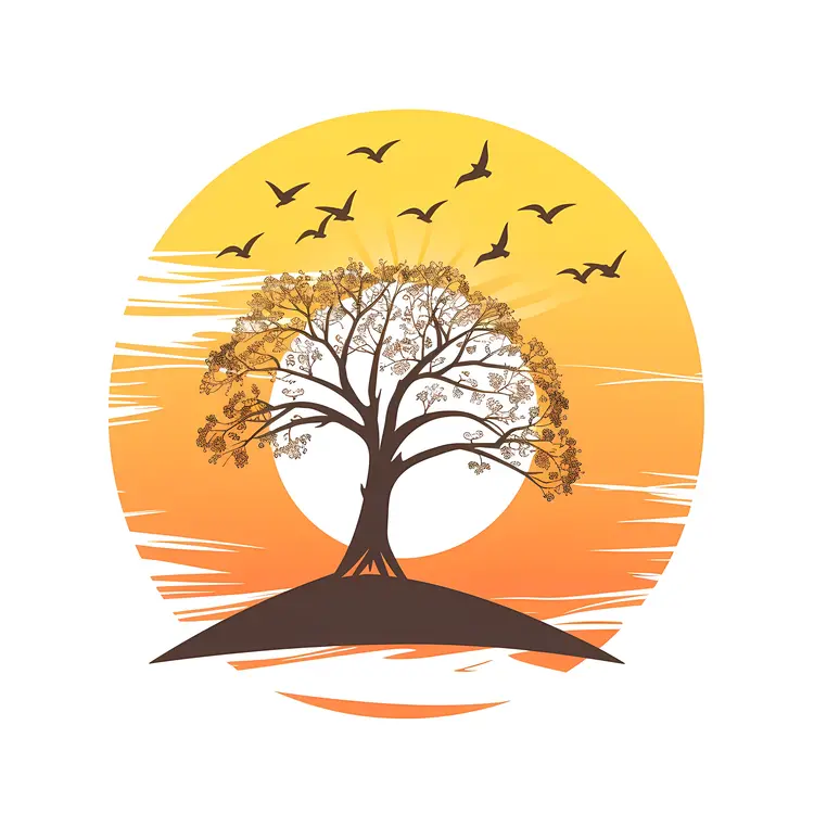 Tree with Birds at Sunset