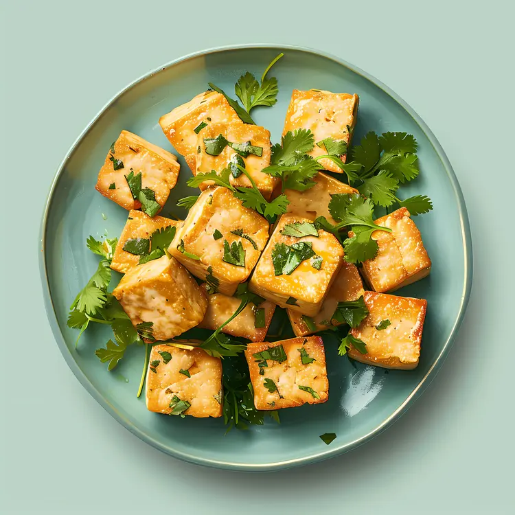 Fried Tofu Cubes on a Plate with Cilantro