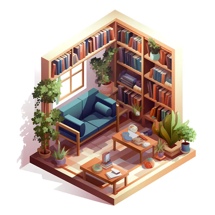Blue Sofa with Bookshelf and Plants