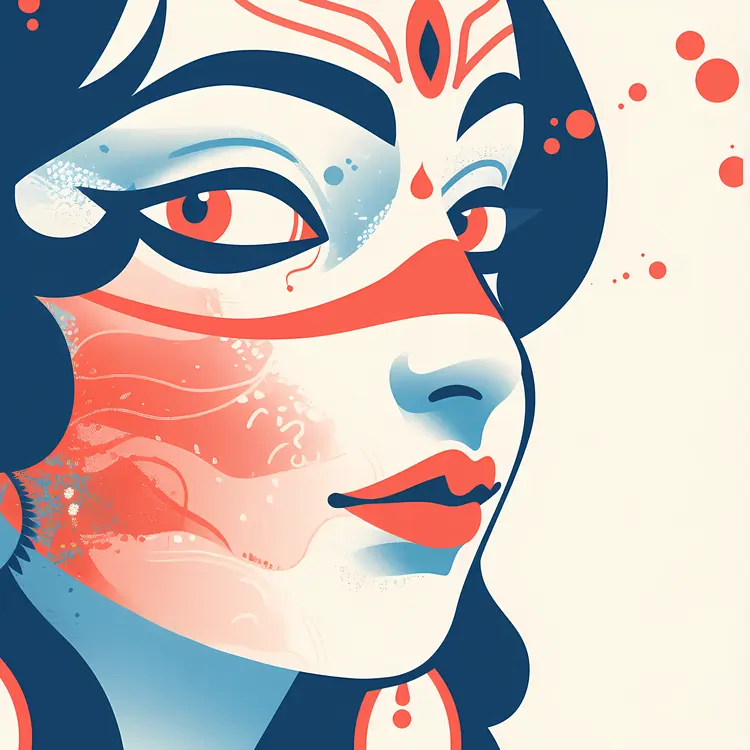 Side Profile of a Goddess Illustration with Blue and Red Details