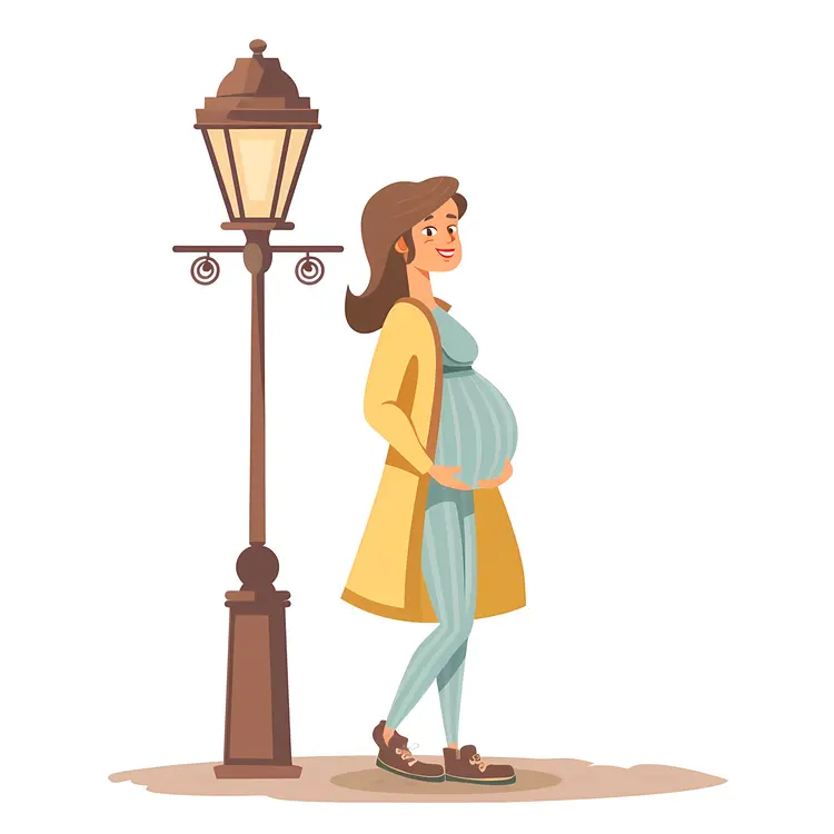 Pregnant Woman in Yellow Coat Standing by Lamp Post