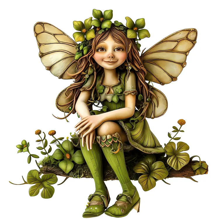 Sitting Green Fairy with Clover and Wings