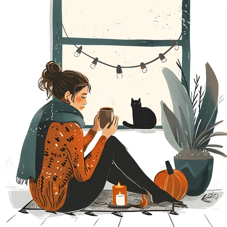 Woman Sitting with a Mug and a Cat