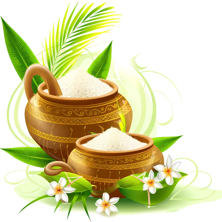 Traditional rice pots with flowers and leaves